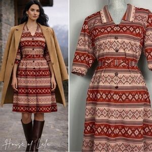 VINTAGE 70s striped burnt orange tan casual dress